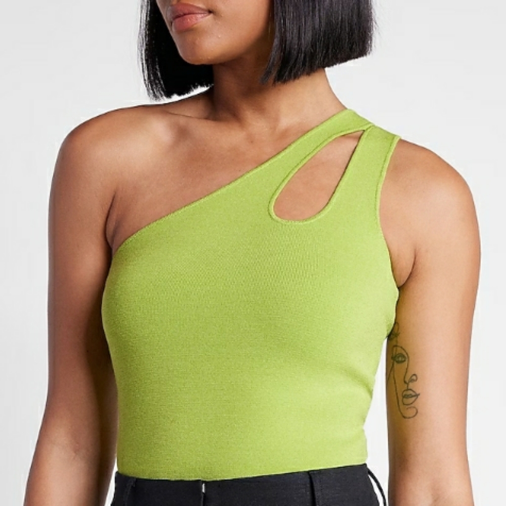 Express Body Contour One Shoulder  Cut Out Cropped Sweater Tank Lime Green XS - Picture 4 of 7